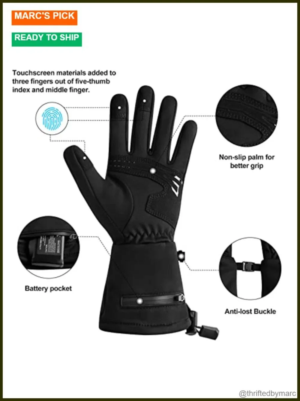 Rechargeable Heated Gloves with Touchscreen Fingers, Windproof Ski Snow Glove